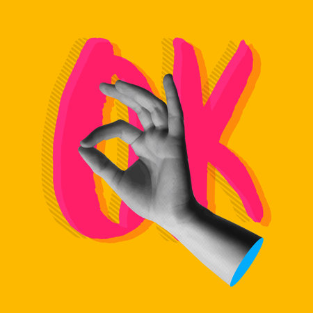 Human hand showing the ok gesture and text in retro collage 90s style vector illustration. Concept of approval, agree; successful and consent.のイラスト素材