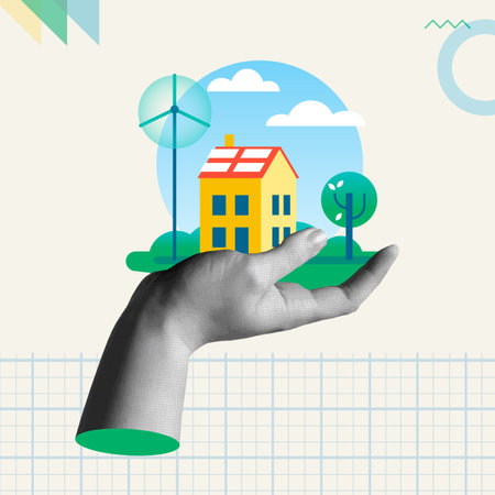 Clean and renewable energy vector card illustration. Human hand holding a solar panel and wind powered in natural landscape in trendy halftone retro collage 90s style and flat art elements. Concept of environment; sustainability and eco friendly.のイラスト素材
