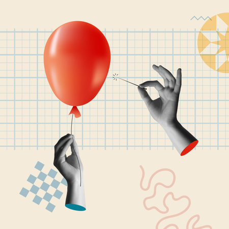 Hand with needle bursts the red balloon vector card illustration. Human hands in trendy halftone retro collage mixed media 90s style and flat elements design. Concept of business, finance and crisis.のイラスト素材