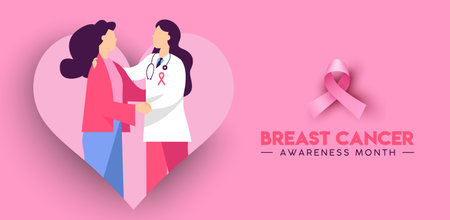 Breast Cancer Awareness illustration of doctor checkup with woman patient in pink colors with 3d pink ribbon symbol design. October campaign concept for prevention or women health care.のイラスト素材