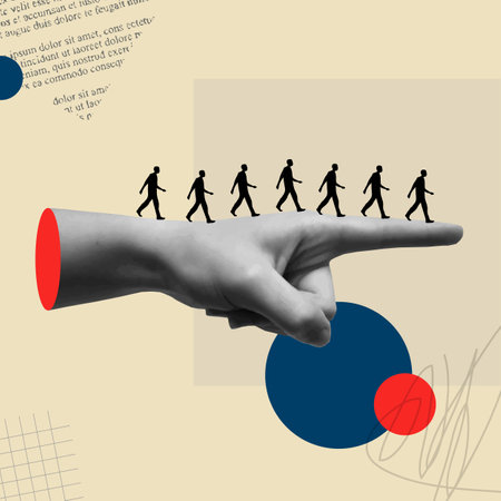 Following the team manager card vector illustration. Human hand gesture with finger indicating direction in trendy halftone retro collage mixed media 90s style. Concept of team direction, business decision, leadership, guidance or strategy.のイラスト素材