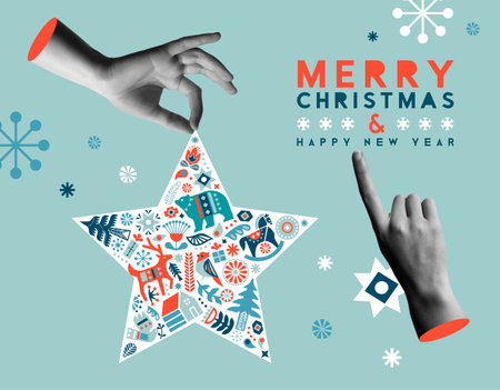 Merry Christmas and Happy New Year greeting card vector illustration. Human hand holding colorful star ornament shape with scandinavian folk art icons. Trendy halftone collage mixed media 90s style. Includes reindeer, bear and pine trees.のイラスト素材