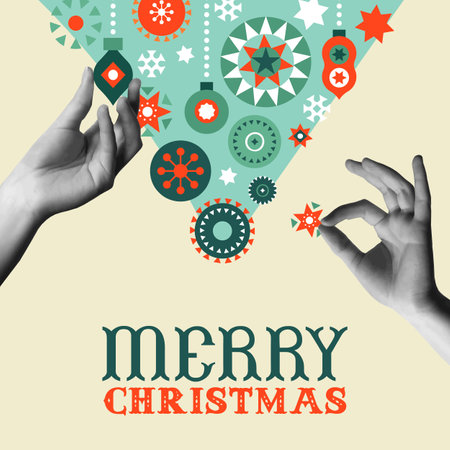 Merry Christmas vintage greeting card vector illustration. Geometric scandinavian folk art ornament and human hands in trendy halftone collage mixed media 90s style. Concept for holiday season design.のイラスト素材