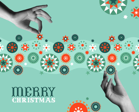 Merry Christmas vintage greeting card vector illustration. Geometric scandinavian folk art ornament and human hands in trendy halftone collage mixed media 90s style. Concept for holiday season design.のイラスト素材