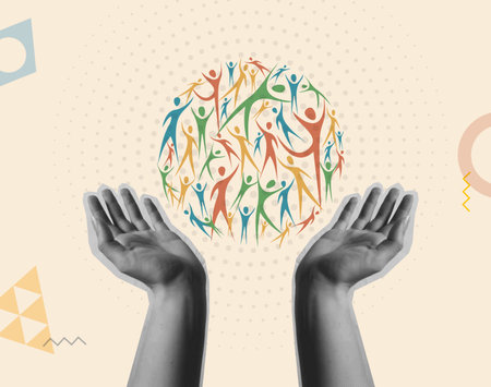 Community and diversity vector card illustration. Human hands holding a circle of diverse people in trendy halftone retro collage mixed media 90s style and flat art elements. Concept of cooperation; connection, support; and solidarity.のイラスト素材