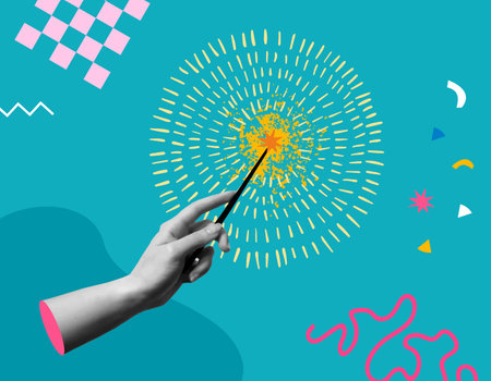 Human hand holding festive sparkler, bengal fire or magic wand. Merry Christmas and Happy New Year greeting card vector design. Trendy halftone collage mixed media 90s style and colorful retro elements illustrations.のイラスト素材