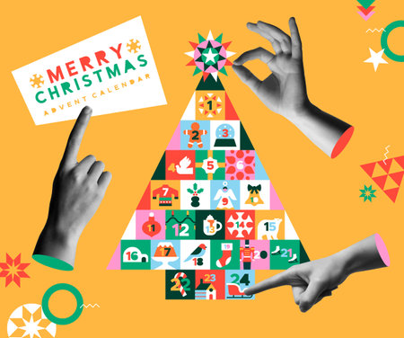 Christmas tree advent calendar vector illustration. Flat cartoon icons with festive xmas season decoration in flat design. Human hands in trendy halftone collage mixed media 90s style. Concept for holiday season countdown number.のイラスト素材
