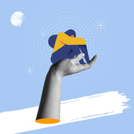 Woman in cartoon style over hand with sad mood in retro collage 90s design vector illustration. Concept of psychology, personality disorders, depression, psychological mental problems or mood swingsのイラスト素材