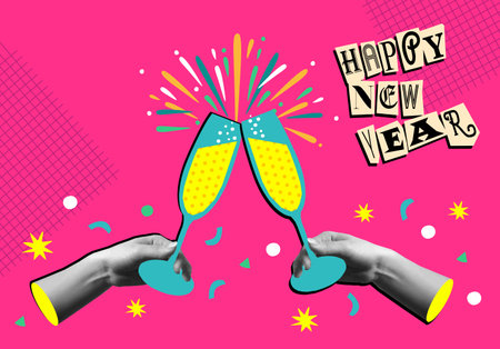 Happy New Year greeting card vector design. Hands toasting with wine glasses for holiday celebration. Trendy halftone collage mixed media 90s style and colorful retro flat elements illustrations.のイラスト素材