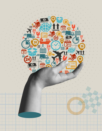 Shipping delivery idea card vector illustration. Human hand holding a circular shape with logistics icons in trendy halftone retro collage 90s style.
Trade, transportation, cargo and courier concept.のイラスト素材