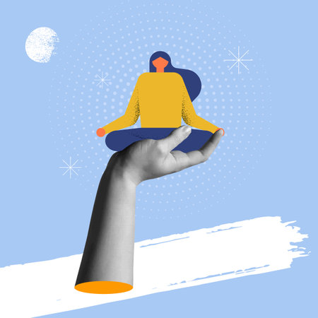 Cartoon woman over hand with relaxed mood in retro collage 90s design vector illustration. Concept of psychology, stress treatment; personality disorders, psychological mental problems or mood swingsのイラスト素材