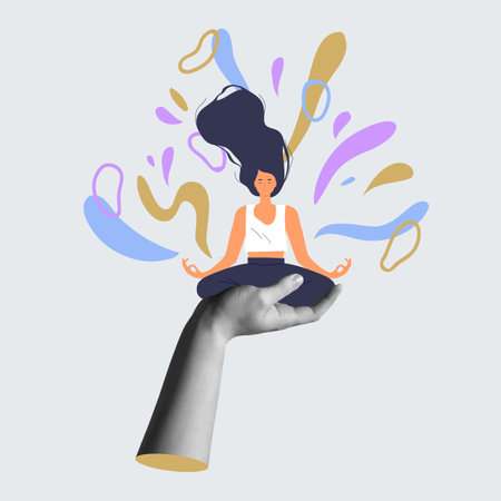 Yoga meditation card vector illustration. Hand holding a young woman doing lotus pose in trendy halftone retro collage 90s style with flat art elements. Concept of relaxation, wellness, training and healthy lifestyle.のイラスト素材