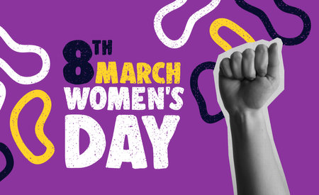 International Womens Day 8th March card vector illustration. Feminist fist up symbol for equal rights and woman power. Human hand in trendy halftone collage mixed media 90s style.のイラスト素材