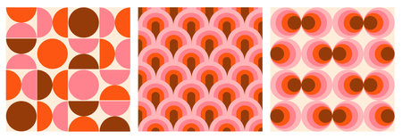 Abstract pattern background vector illustration set in vintage 70s style. Collection of groovy design in retro pink color. Perfect for wallpaper, wrapping paper and print fabric.のイラスト素材