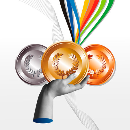 Human hand holding gold medal in retro halftone collage mixed media vector illustration.のイラスト素材