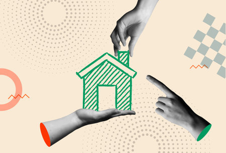 Human hands holding family home in retro 80s collage mixed media vector illustration. Concept for financial real estate, property investment, mortgage and protecting insurance.のイラスト素材