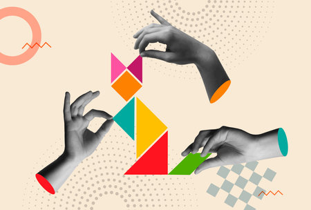 Human hands play tangram puzzle in retro halftone collage mixed media vector illustration. Concept for teamwork, partnership, fun, brain game, creativity, solution, success and education.のイラスト素材