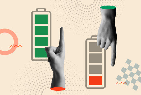 Full and low battery icon in flat style and human hands pointing up and down in retro collage 80s mixed media vector illustration. Symbol of power charge smartphone, laptop or digital electronic device.のイラスト素材