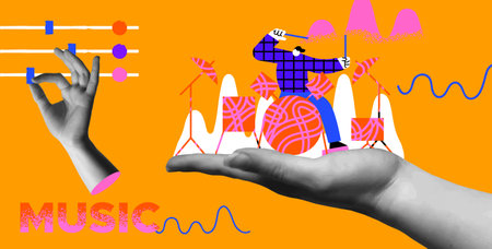 Music concert with man musician playing drums with creative musical decoration shapes and human hands in retro collage mixed media illustration style. Trendy design for holiday event, world music day or musical instruments class.のイラスト素材