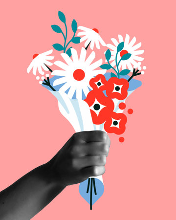Flower bouquet gift in flat cartoon vector and young hand in collage mixed media  style for greeting card illustration. Cute daisy flowers ideal for motherÂ´s day, ValentineÂ´s day or to wish good feelings.のイラスト素材