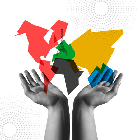 Human hands holding colorful world map in retro halftone collage mixed media vector illustration.のイラスト素材