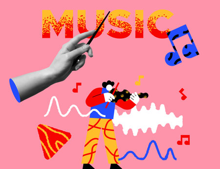 Music concert with man musician character playing violin with creative musical decoration shapes. Human hand gesture in retro collage illustration style. Modern design for festive events, world music day or musical instrument classe.のイラスト素材