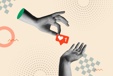 Hand giving positive feedback like symbol in retro 80s collage mixed media vector illustration. Heart icon on a red speech bubble pin. Concept of social media addiction, popularity, influence, modern lifestyle and marketingのイラスト素材