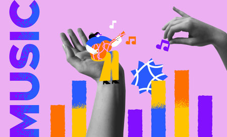 Woman musician playing guitar in modern colorful flat cartoon style and human hands in retro collage mixed media illustration. Card banner design for holiday event, world music day or musical instruments class.のイラスト素材
