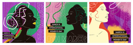 International womens Day 8th march vector card set illustration. Poster collection for equity and gender equality. Abctract art silhouette woman collection design.のイラスト素材