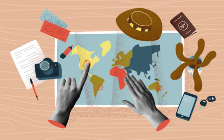 Human hands pointing at world map destinations on wood desk surface in retro collage mixed media vector illustration set. Travel plan concept or vacation trip organization illustration with plane tickets, camera and stationery.のイラスト素材
