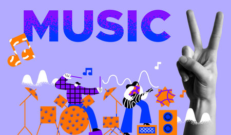 Music concert with people musicians playing guitar and drum instruments. Human hand gesture in retro...