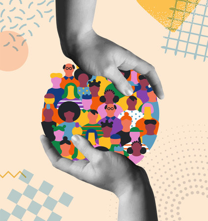 Big group of people faces together making round circle shape and human hands protecting. Colorful diverse friend team concept, united community or social cooperation cartoon. Vector illustration concept.のイラスト素材
