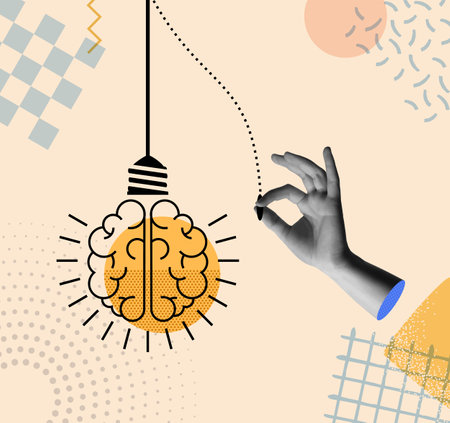 Bright ideas concept design. Human hand turning on a light bulb in retro collage 90s mixed media style vector illustration. Concept of inspiration, eureka moment, business insight,  innovation or creative thinkingのイラスト素材