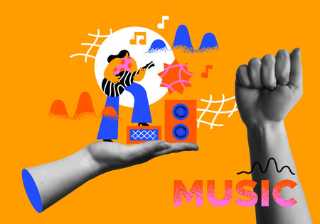 Music concert whit woman musician playing guitar in modern colorful flat cartoon and human hands in retro collage mixed media illustration style. Trendy card design for holiday event, world music day or musical instruments class.のイラスト素材