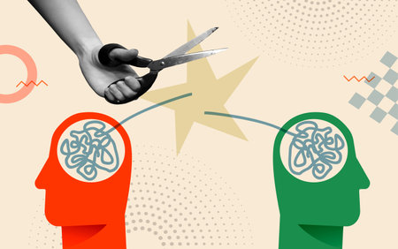 Relationship conflict concept with human head, tangled line and hand in retro 80s collage mixed media vector illustration. Idea for disagreement, divorce, dispute, misunderstanding in family, couple therapy.のイラスト素材
