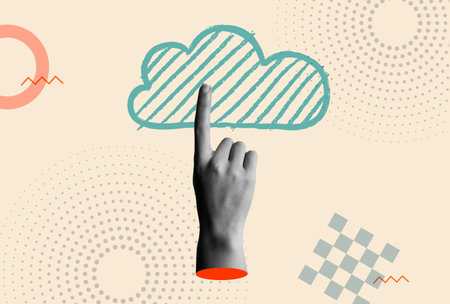 Cloud computing icon with human hand pointing finger up gesture in retro 80s collage mixed media vector illustration. Concept for data transfer, social network and computer interface concept.のイラスト素材