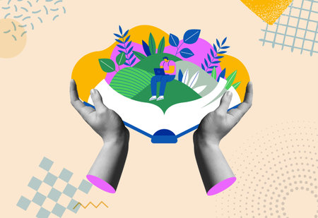 Human hands open a book of young man character writing or doing study research on computer with nature landscape. Novel writer, education concept design in modern collage retro illustration style.のイラスト素材