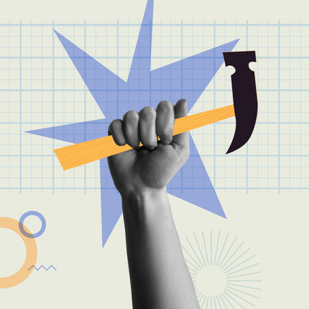 Human hand holding a hammer in retro collage mixed media vector illustration. Concept for carpenter, work tool, remodeling, cosntruction industry and hard work.のイラスト素材