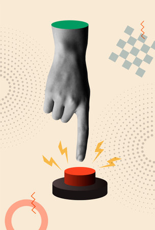 Hand pressing the red start button in 80s retro collage vector illustration. Contemporary art concept for project launching, start strategy, assistance board and panic alert.のイラスト素材