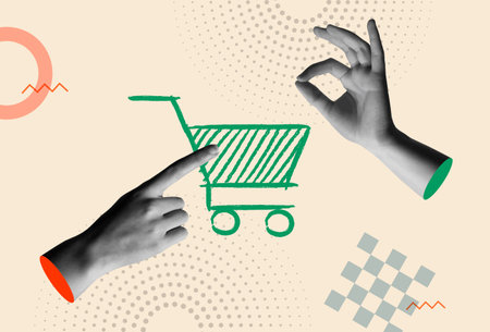 Shopping cart icon and human hands in retro 80s collage mixed media vector illustration. Concept of online shopping app, digital marketing ideas and sell discount.のイラスト素材