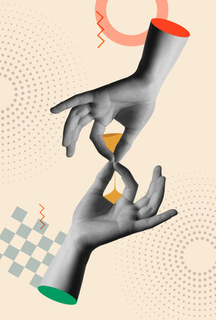Hourglass or sandglass shape with hands in retro 80s collage mixed media vector illustration. Concept for time management, countdown, deadline and pass of time or the hours.のイラスト素材