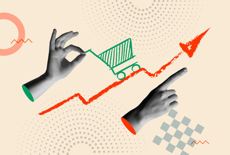 Inflation concept, shopping cart icon and rising price graph with human hands in retro 80s collage mixed media vector illustration. Design for economic crisis, more expense and cost of living.のイラスト素材