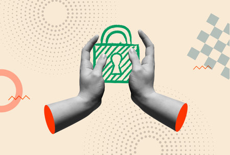 Human hands holding padlock in retro 80s collage mixed media vector illustration. Concept for personal data protection, violating security, safety, encryption and privacy.のイラスト素材