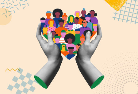 Big group of people faces together making love heart shape and human hands protecting. Diverse friend team concept, community support or social care cartoon. Vector illustration concept.のイラスト素材