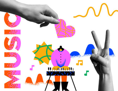World Music day event banner illustration of woman musician character playing piano keyboard with creative musical decoration shapes. June 21 holiday celebration design.のイラスト素材
