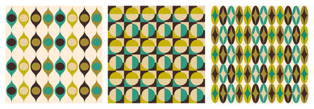 Abstract pattern background vector illustration set in vintage 70s style. Collection of groovy design in retro green and blue colors. Perfect for wallpaper, wrapping paper and print fabric.のイラスト素材