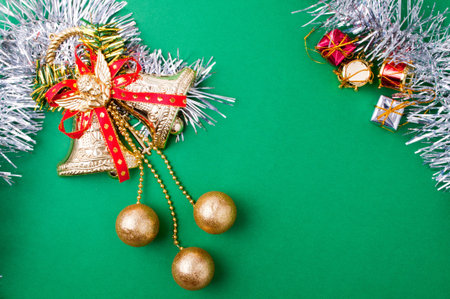 Christmas decoration objects on light green backgroundの写真素材