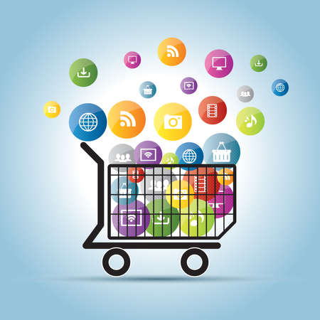 shopping cart and electronic commerce on the Internet and social networkのイラスト素材