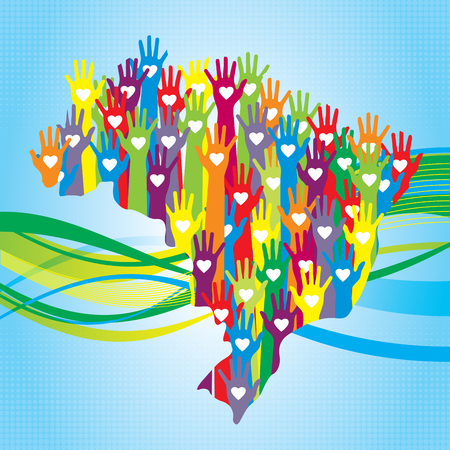 Arms and colored human hands and map of Brazil. Concept of coperaÃ§Ã£o and help of volunteers and human diversity.のイラスト素材