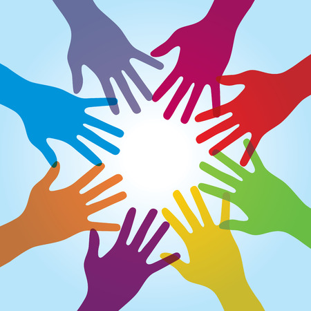 Human arms around colorful and next. Concept of coperação and helps volunteers and human diversityのイラスト素材